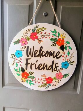Hand Crafted Welcome Friends Floral Sign in White, Pink, Blue, Orange, Green